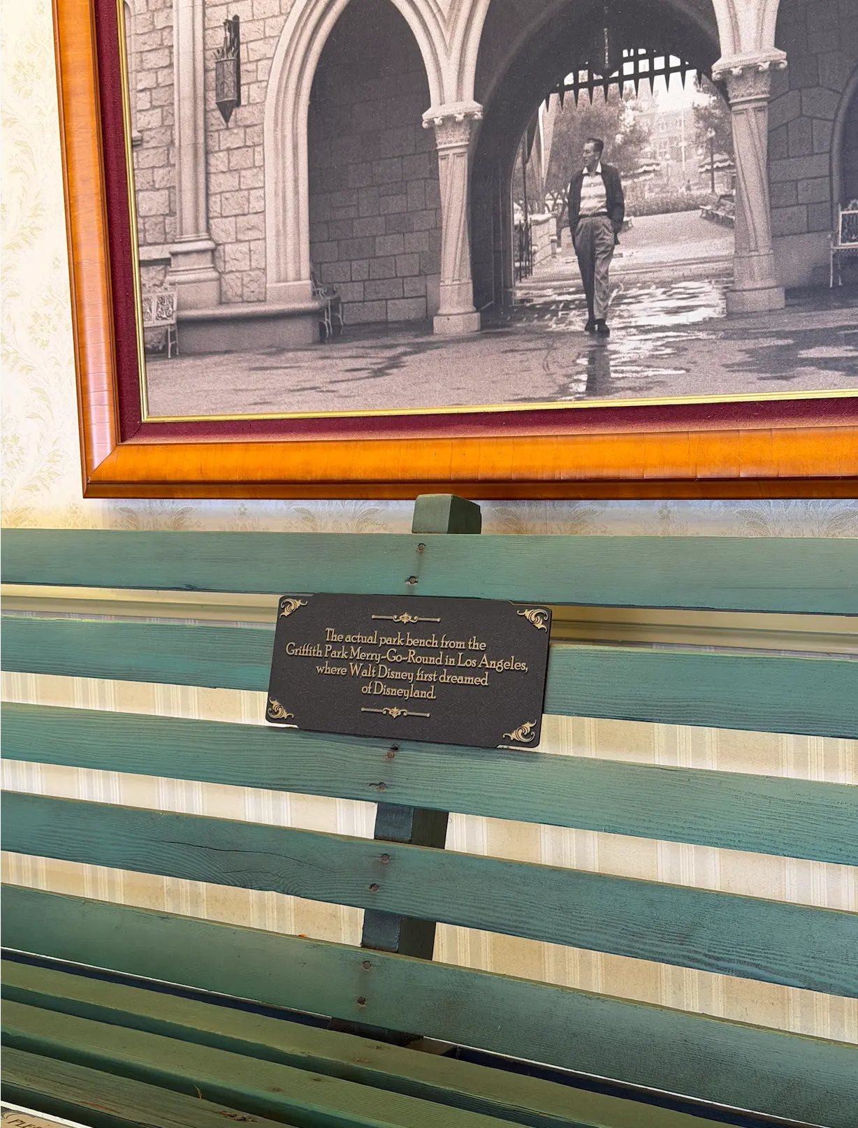 The plaque on the actual park bench from the Griffith Park Merry-Go-Round in Los Angeles, where Walt Disney first dreamed of Disneyland