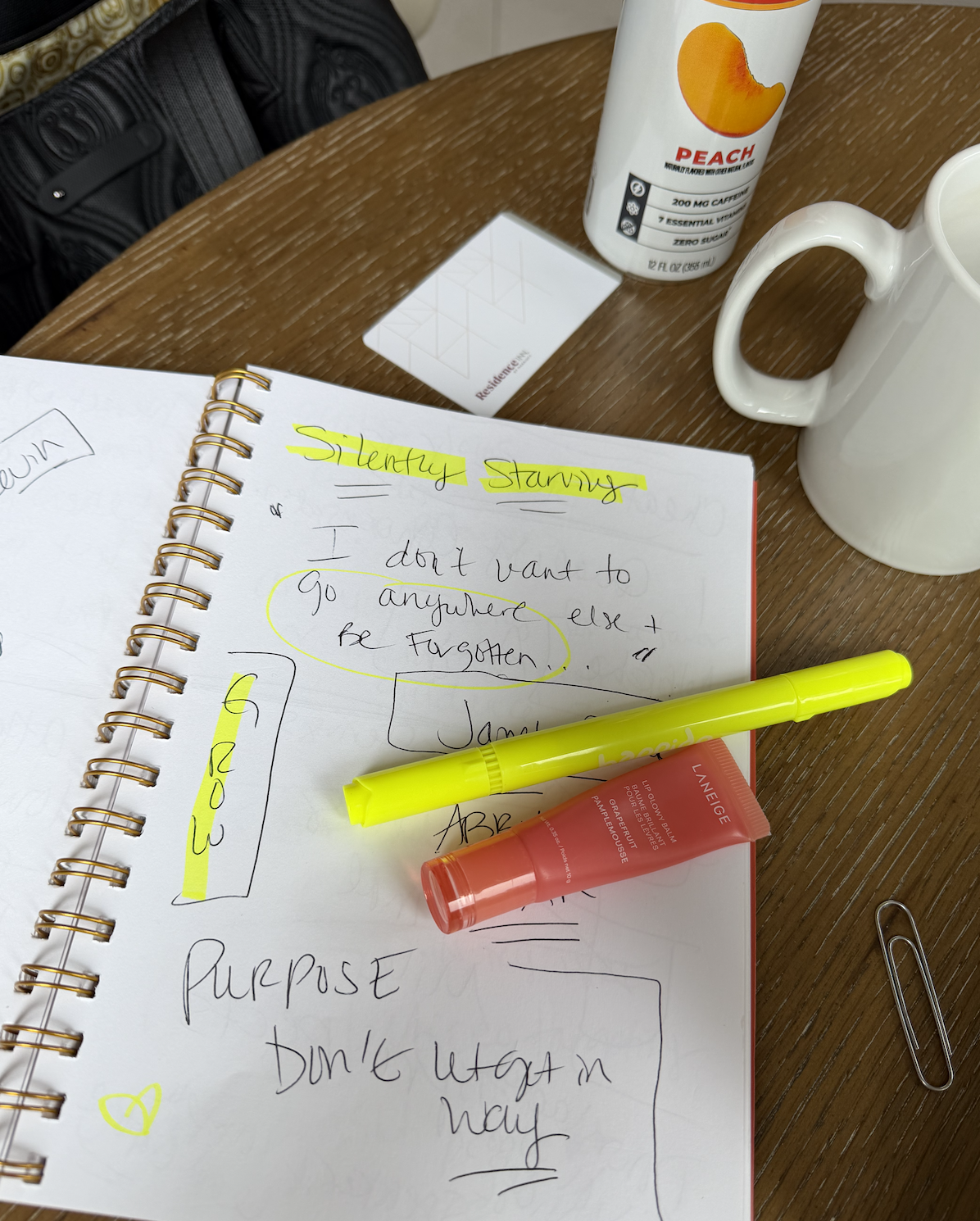 Notebook page with "Silently starving" highlighted and "I don''t want to go anywhere else + be forgotten" circled